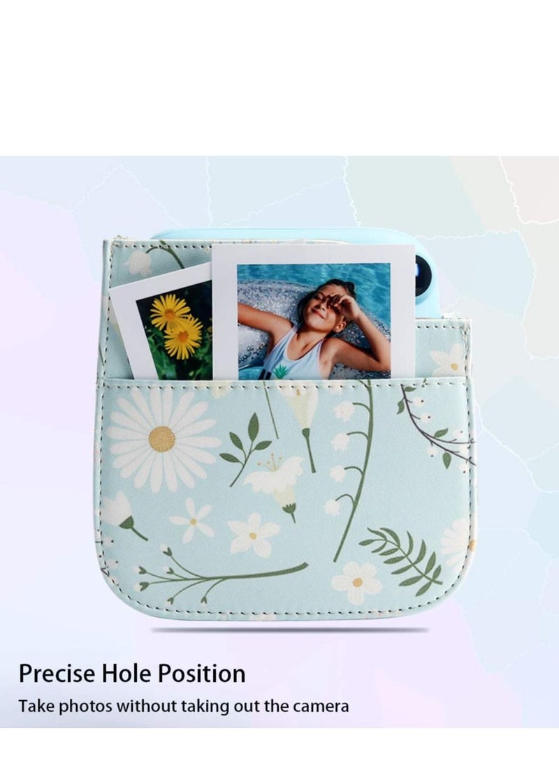 KASTWAVE Camera Bag Camera Protection Bag Vintage Floral PU Leather Camera Storage Bag with Shoulder Strap for Instax Mini 11 Fresh Green Small Daisy Camera Bag  - Image 4