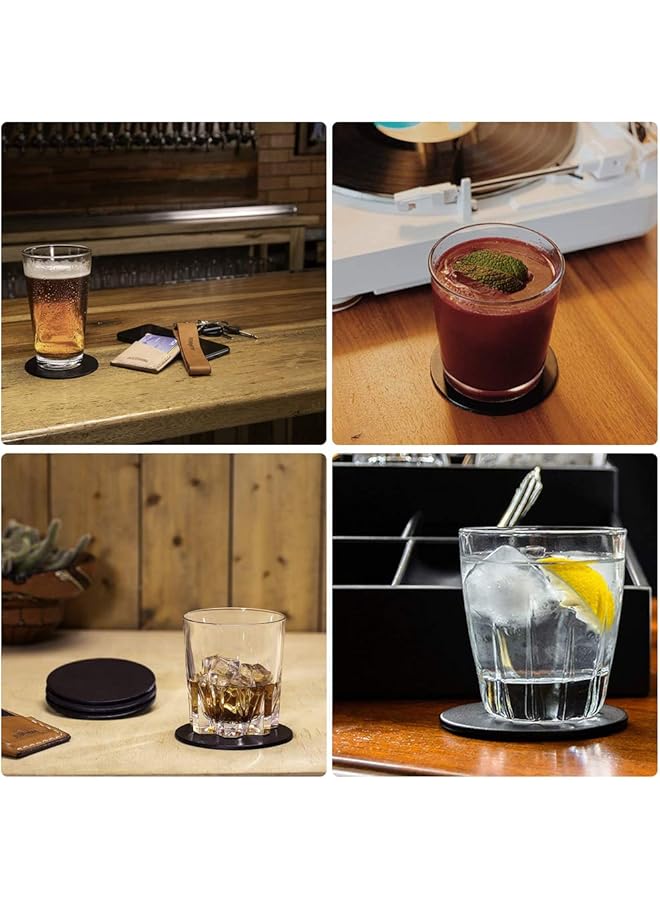 Drink Coasters Set Of 6 Leather Coasters Spill Protection For Table Desk Durable And Non Slip Leather Coaster Perfect For Common Size Glass Coffee Cup And Mug 4 Inches Black Round