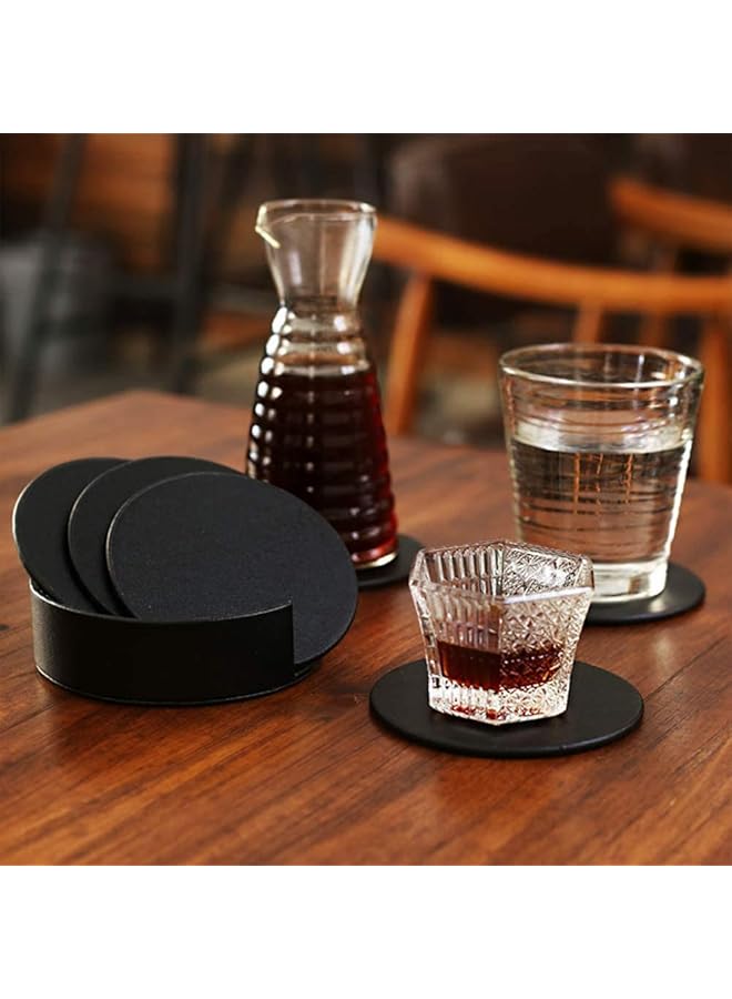 Drink Coasters Set Of 6 Leather Coasters Spill Protection For Table Desk Durable And Non Slip Leather Coaster Perfect For Common Size Glass Coffee Cup And Mug 4 Inches Black Round