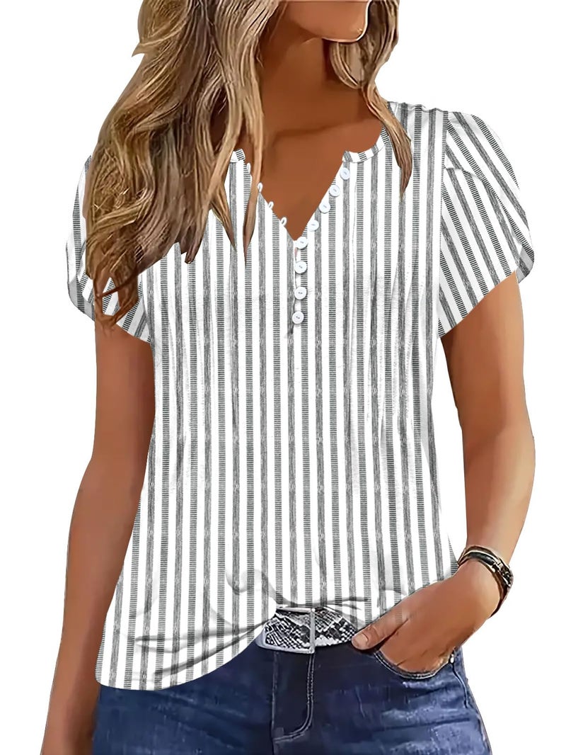 Disamer Summer Tops for Women Petal Short Sleeve Shirts Dressy Pleated Tunic 2026 Casual V Neck Button Down Blouses,Striped Gray,Large - Image 1