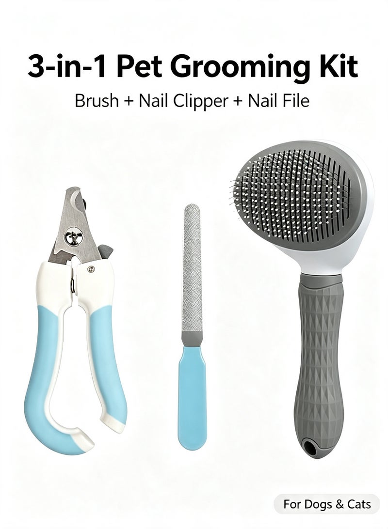 3-in-1 Pet Grooming Kit for Cats & Dogs, Self-Cleaning Slicker Brush, Nail Clipper and Nail File, Pet Hair Removal and Nail Care Tools - Image 1