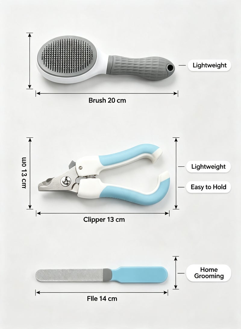 3-in-1 Pet Grooming Kit for Cats & Dogs, Self-Cleaning Slicker Brush, Nail Clipper and Nail File, Pet Hair Removal and Nail Care Tools - Image 2
