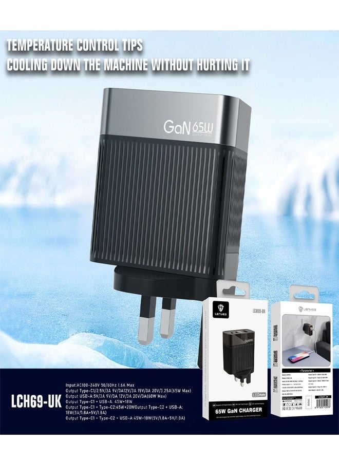 Lenyes LCH69-UK 65W GaN Fast Charger with USB-C and USB-A Ports, UK Plug - Image 3