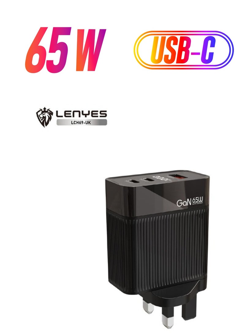 Lenyes LCH69-UK 65W GaN Fast Charger with USB-C and USB-A Ports, UK Plug - Image 1