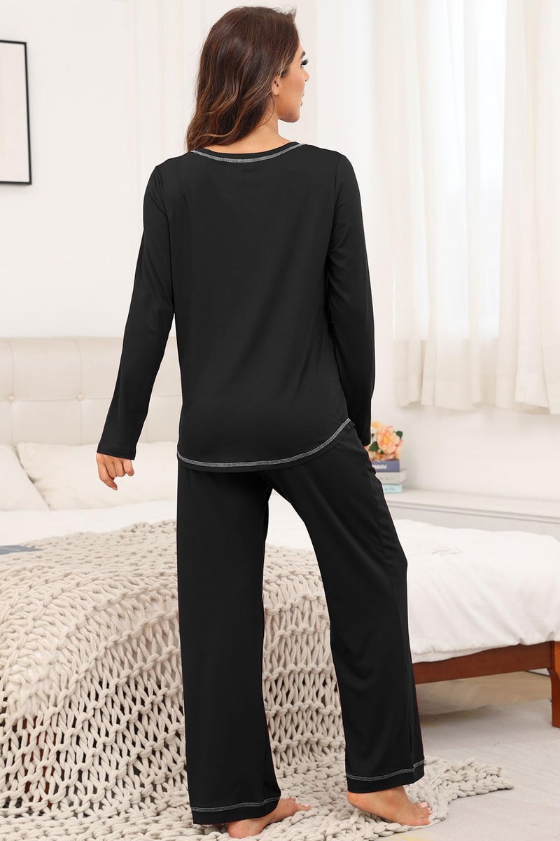 PrinStory Women's Pajama Set 2026 Lounge Sets Long Sleeve Sleepwear Soft 2 Piece Pjs with Pockets Black-M - Image 3