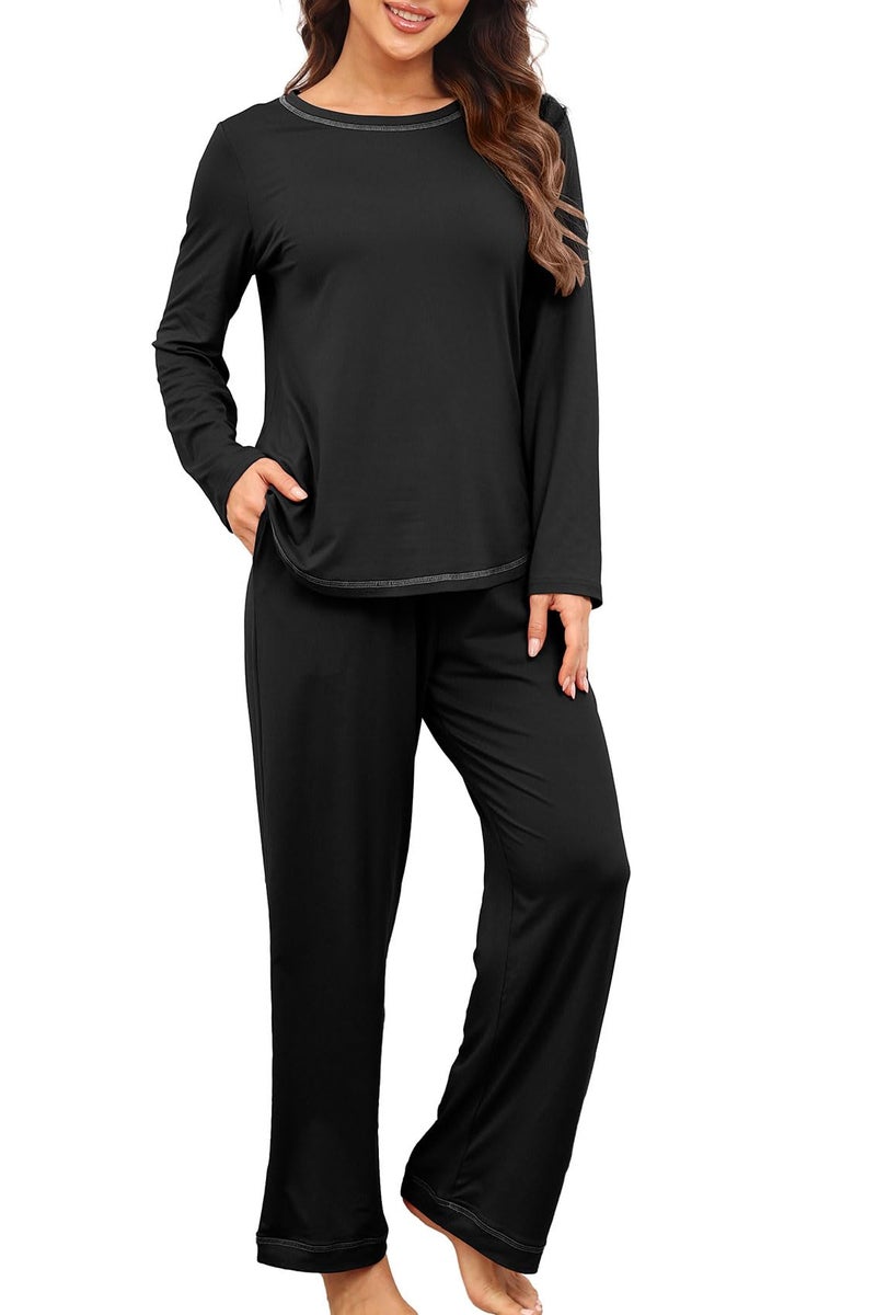 PrinStory Women's Pajama Set 2026 Lounge Sets Long Sleeve Sleepwear Soft 2 Piece Pjs with Pockets Black-M - Image 4