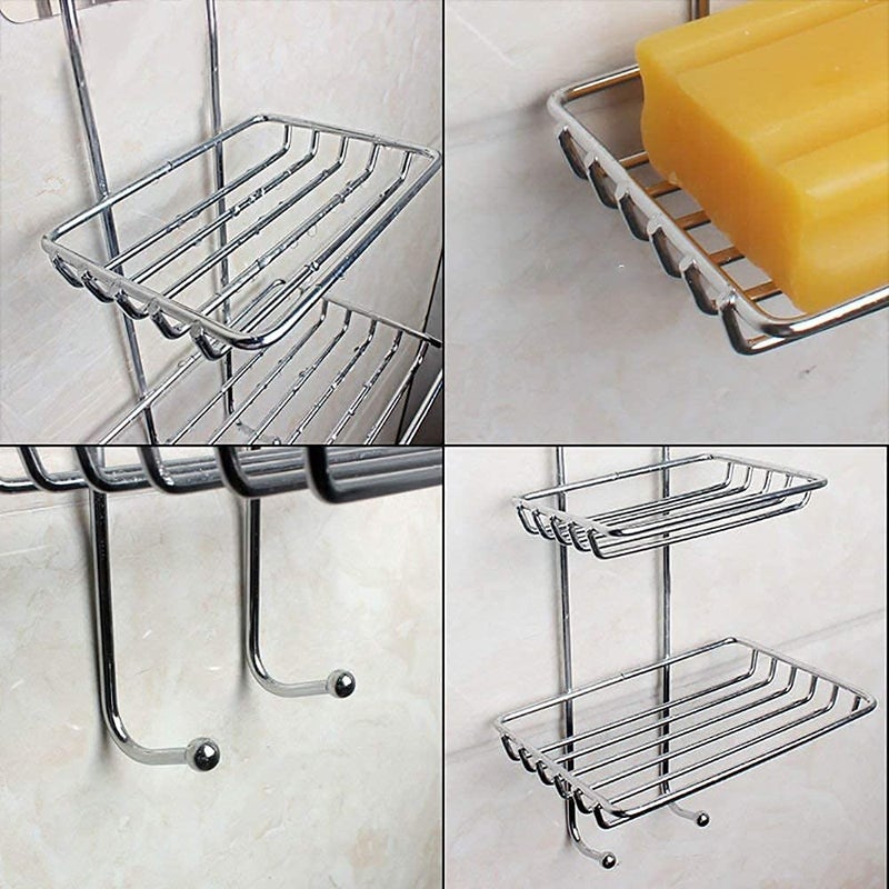 Kitchsy 2 Layer Stand with 2 Hook,Wall Mounting Double Layer Soap Dish Holder& Dispenser, Self Adhesive Stainless Steel Waterproof Kitchen Bathroom Soap Storage Rack with Hook for Home-1PC - Image 4