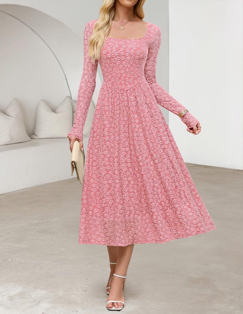 MEROKEETY Women's Floral 2025 Fall Midi Dresses Long Sleeve Square Neck Flowy A Line Wedding Ruched Dress Pockets, Dustypink, Small - Image 2
