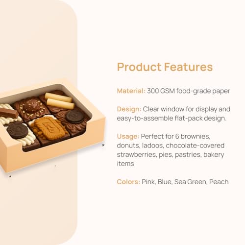 mudrit Bakery Box with Window for 6 Brownies, Donuts, Ladoos, Chocolates, Macarons, Size 9x6x2 inches (Peach, Pack of 20) - Image 3