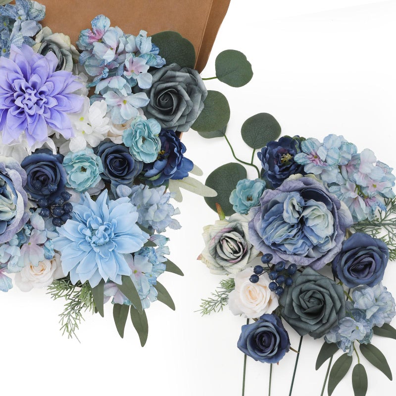 Senseya Artificial Flowers Combo Box for DecorationSilk Mix Fake Flowers with Stems DIY Wedding BouquetsArtificial Flowers Bulk Box Set Home Cake Decor Blue