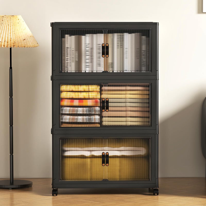 SAILUN 381Qt Extra Large Stackable Storage Bins Folding Collapsible Storage Bins with Lid, Closet Organizers and Storage Box with Door Black 28" W x 17" D x 46" H - Image 4