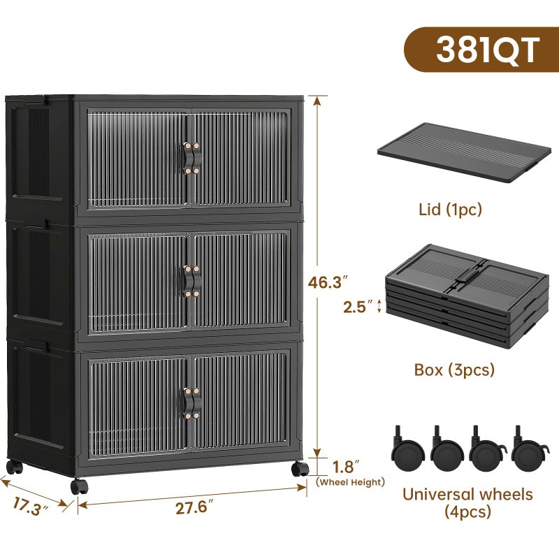 SAILUN 381Qt Extra Large Stackable Storage Bins Folding Collapsible Storage Bins with Lid, Closet Organizers and Storage Box with Door Black 28" W x 17" D x 46" H - Image 2