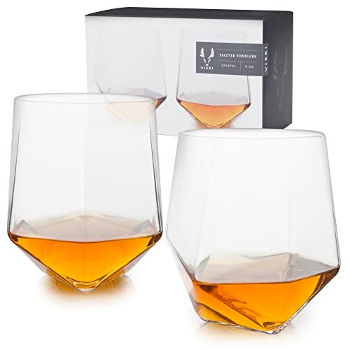 Viski Seneca Faceted Crystal Tumblers Set of 2 Premium Crystal Clear Glasses for Cocktails Bourbon and Liquor Stylish Lowball Cocktail Glass Gift Set 11 oz