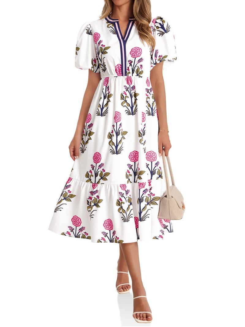 Cicy Bell Womens Summer Floral Print Maxi Dress A Line Puff Short Sleeve V Neck Boho Dresses Flowy Beach Vacation Outfits - Image 1