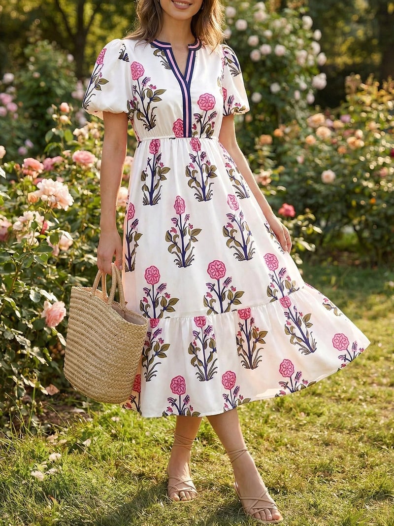 Cicy Bell Womens Summer Floral Print Maxi Dress A Line Puff Short Sleeve V Neck Boho Dresses Flowy Beach Vacation Outfits - Image 4