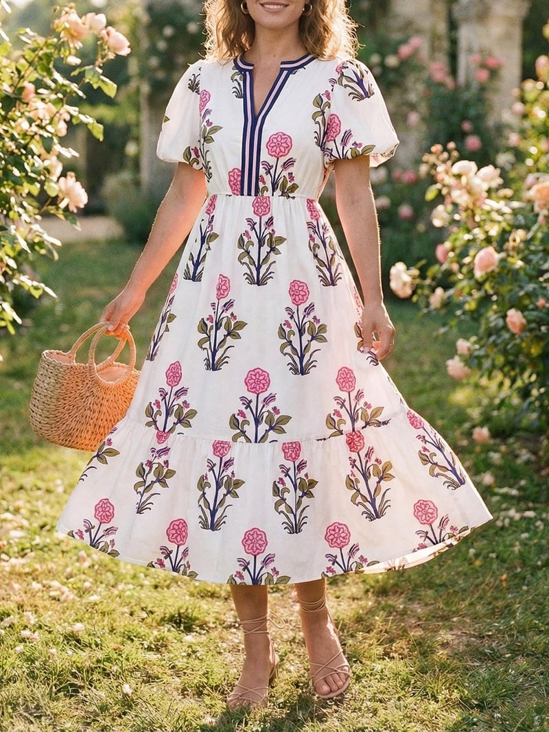 Cicy Bell Womens Summer Floral Print Maxi Dress A Line Puff Short Sleeve V Neck Boho Dresses Flowy Beach Vacation Outfits - Image 2