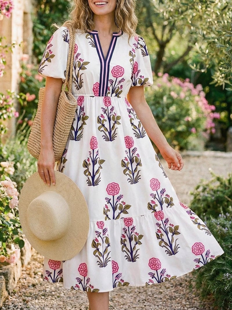 Cicy Bell Womens Summer Floral Print Maxi Dress A Line Puff Short Sleeve V Neck Boho Dresses Flowy Beach Vacation Outfits - Image 5
