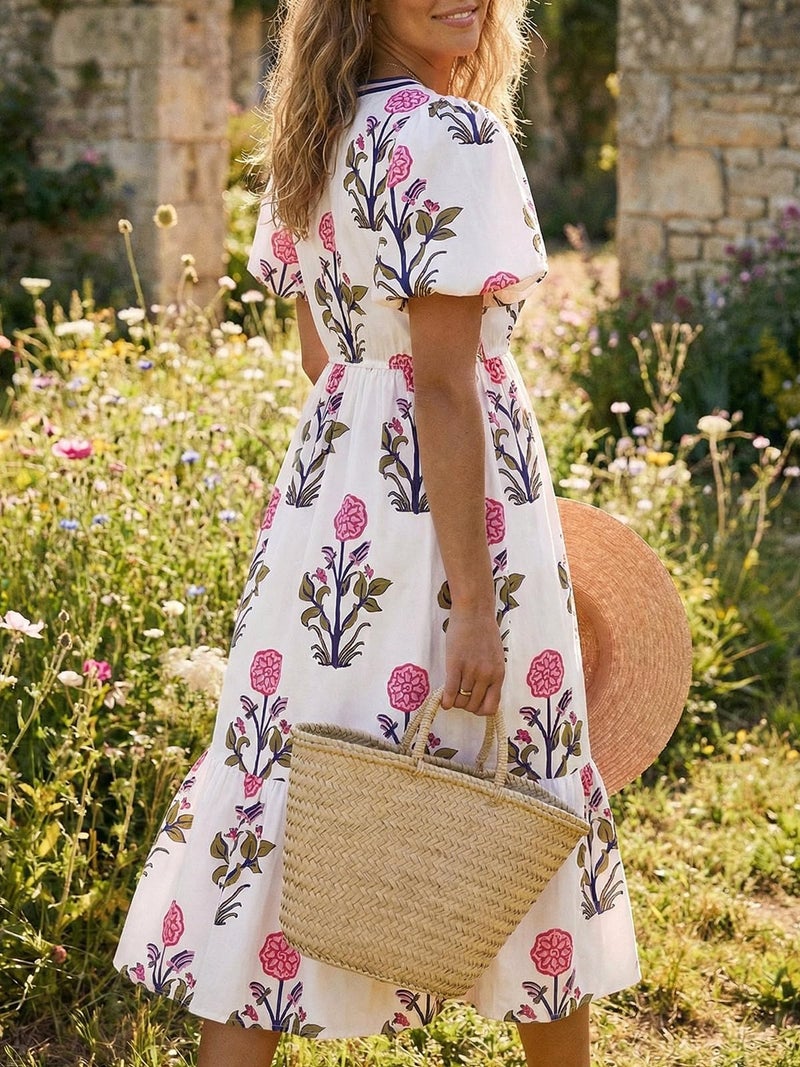 Cicy Bell Womens Summer Floral Print Maxi Dress A Line Puff Short Sleeve V Neck Boho Dresses Flowy Beach Vacation Outfits - Image 3
