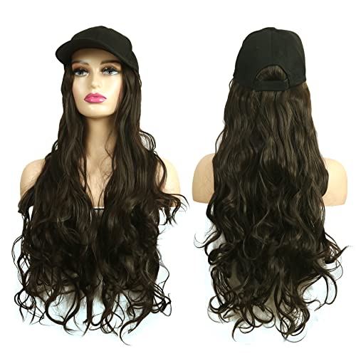 Rapidsflow® Synthetic Hair Hat 26" Long Hairpiece Adjustable Baseball Cap Attached Natural Wig for Women Girls(FREE CARRY POUCH) (Curly Dark Brown) - Image 1