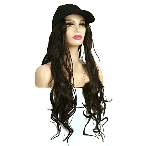 Rapidsflow® Synthetic Hair Hat 26" Long Hairpiece Adjustable Baseball Cap Attached Natural Wig for Women Girls(FREE CARRY POUCH) (Curly Dark Brown) - Image 3