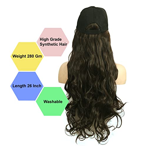 Rapidsflow® Synthetic Hair Hat 26" Long Hairpiece Adjustable Baseball Cap Attached Natural Wig for Women Girls(FREE CARRY POUCH) (Curly Dark Brown) - Image 2