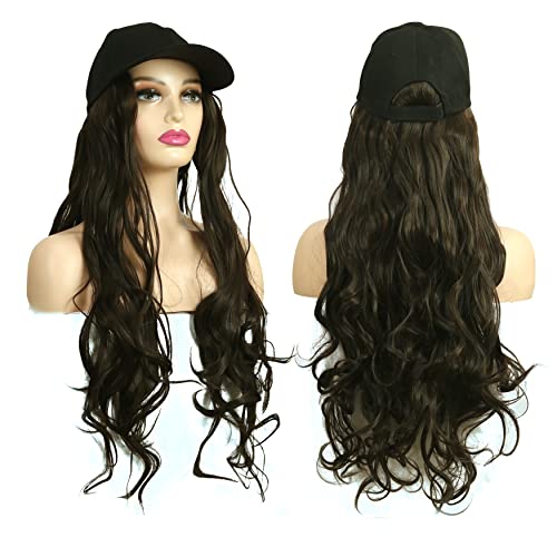 Rapidsflow® Synthetic Hair Hat 26" Long Hairpiece Adjustable Baseball Cap Attached Natural Wig for Women Girls(FREE CARRY POUCH) (Curly Dark Brown) - Image 4