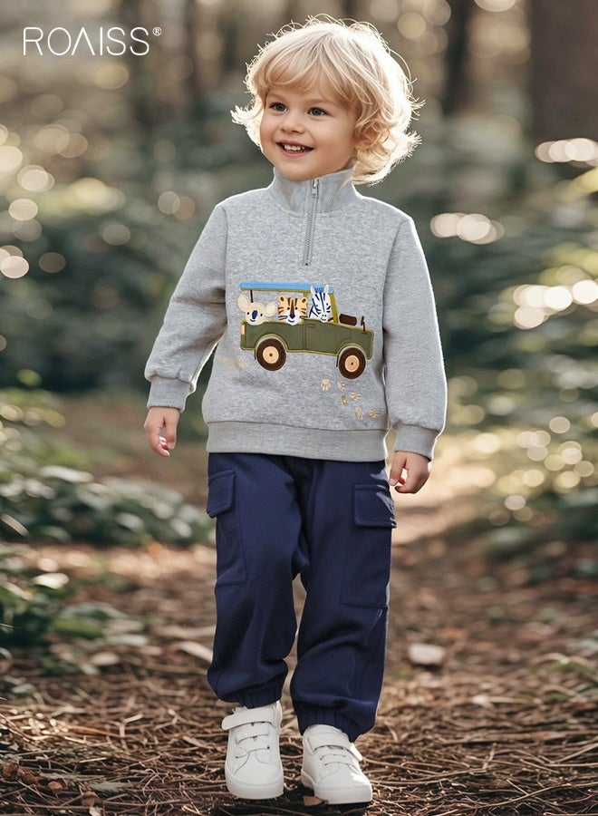 roaiss 2PCS Boy Clothes Set, Stylish Comfortable Sweatshirt Set, Stand Collar Half Zip Sweatshirt and Elastic Waist Cargo Pants Set, Suitable for Daily Wear, Sports and Outdoor Activities - Image 1