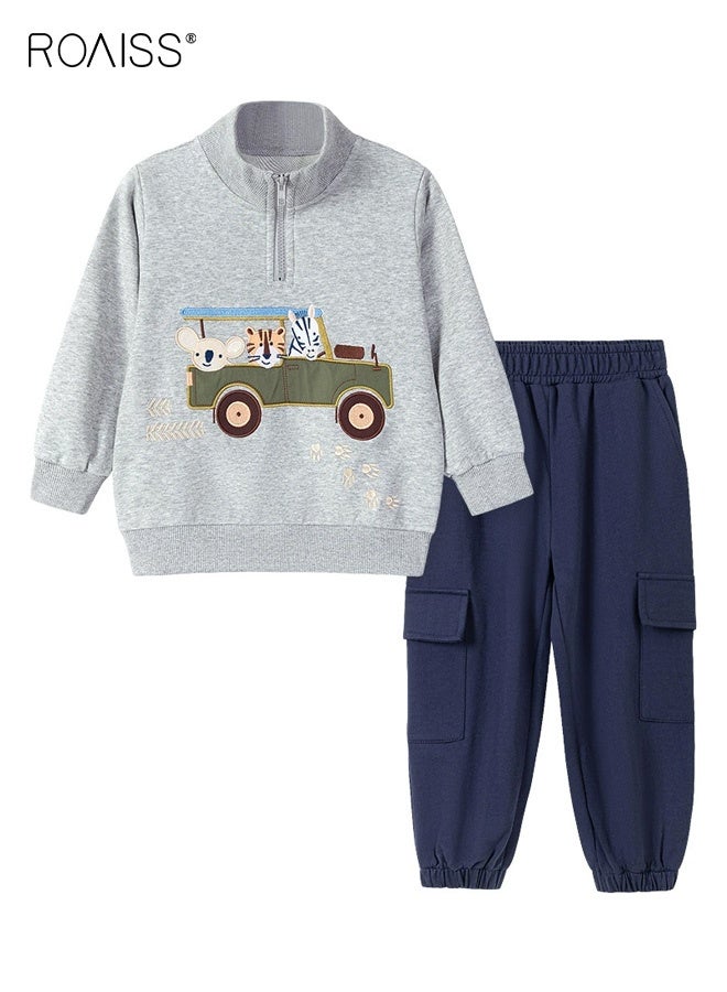 roaiss 2PCS Boy Clothes Set, Stylish Comfortable Sweatshirt Set, Stand Collar Half Zip Sweatshirt and Elastic Waist Cargo Pants Set, Suitable for Daily Wear, Sports and Outdoor Activities - Image 2
