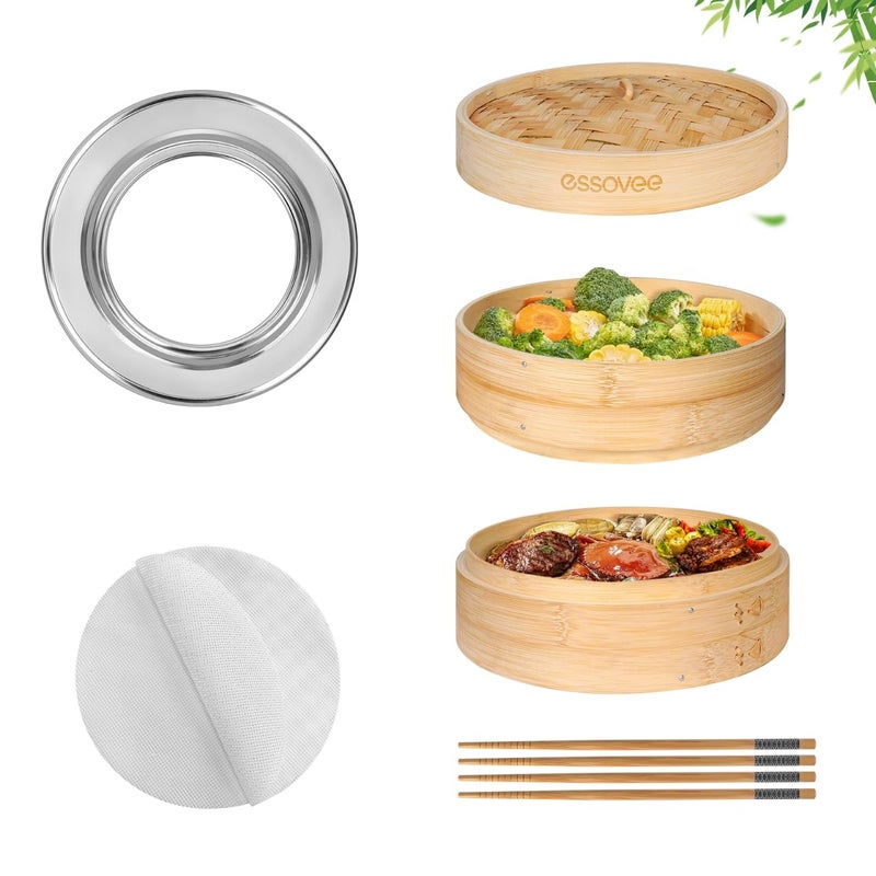 Essovee Bamboo Steamer 2 Tier 10Inch Steaming Basket Bun Vegetable Steam Dumpling Steamer Bamboo Steam Basket Chopsticks Reusable Silicone Liner Ring Adapter for Chinese Asian Cuisine - Image 2
