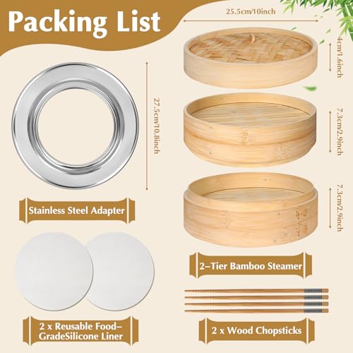 Essovee Bamboo Steamer 2 Tier 10Inch Steaming Basket Bun Vegetable Steam Dumpling Steamer Bamboo Steam Basket Chopsticks Reusable Silicone Liner Ring Adapter for Chinese Asian Cuisine - Image 3