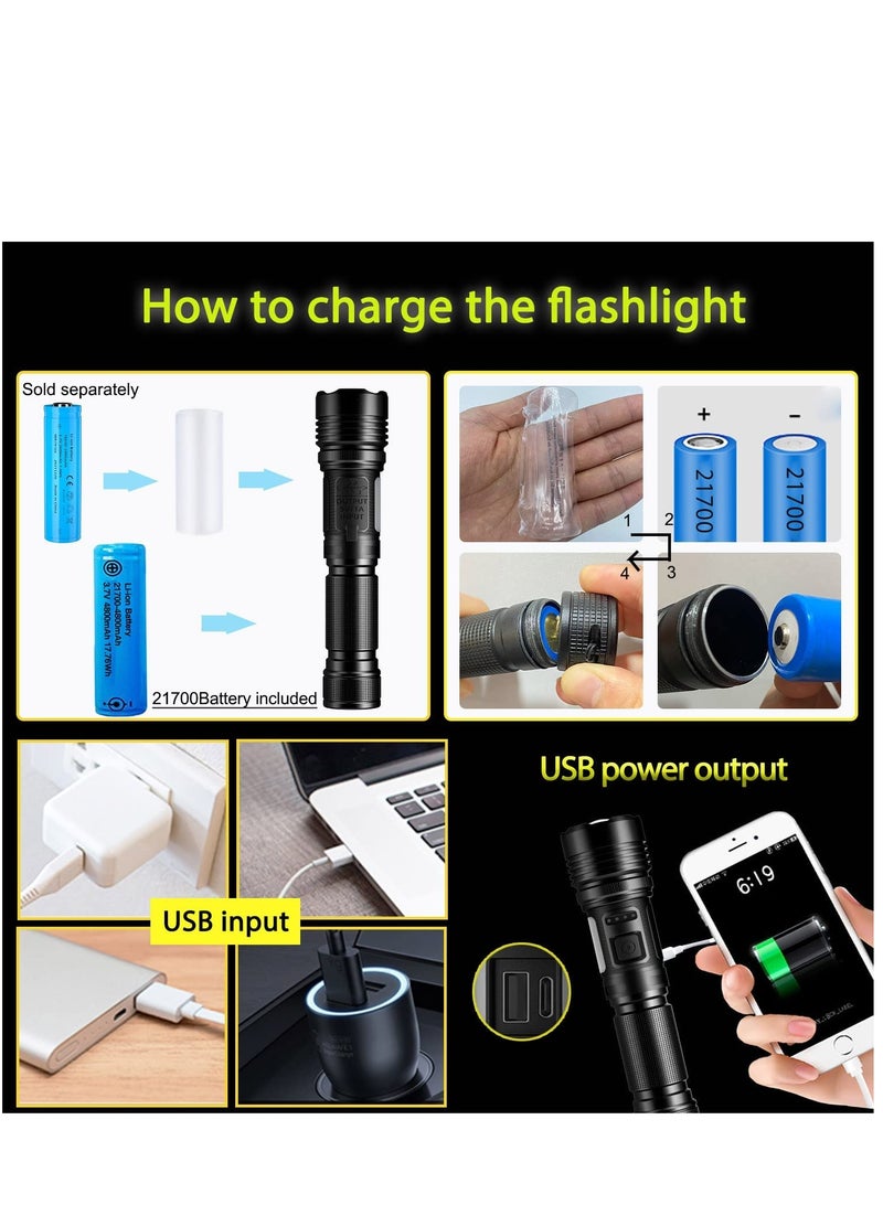 مصباح يدوي LED بقوة 60000 لومن - قابل لإعادة الشحن، قابل للتكبير، 7 أوضاع، مقاوم للماء IPX67، شحن من النوع C - مثالي للتخييم والمشي لمسافات طويلة وحالات الطوارئ  - Image 4