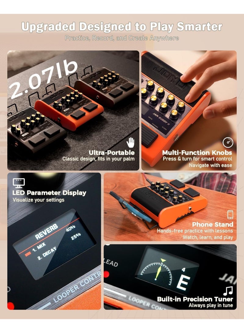 جويو مجموعة JOYO JAM BUDDY II: مضخم صوت جيتار كهربائي ودواسة مؤثرات متعددة، تسجيل OTG، 14 نموذج مضخم صوت، بلوتوث للتدريب - Image 3