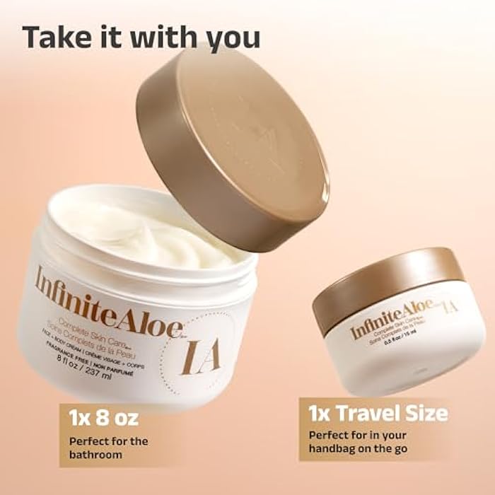 InfiniteAloe Complete Skin Care, Aloe Vera Powered Face and Body Cream for Dry Skin Relief, Fragrance Free - Large Jar 8 oz & Travel Jar 0.5 oz - Image 3