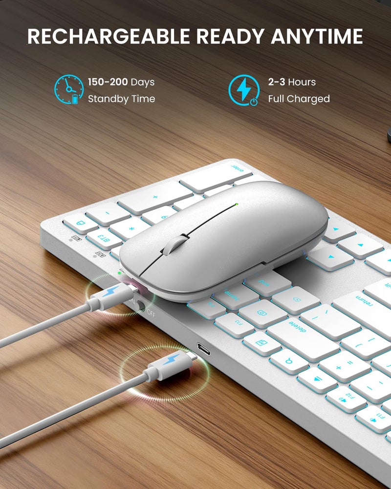 SABLUTE Bluetooth Keyboard and Mouse for Mac â€” 7-Color Backlit, Multi-Device, Rechargeable, Full-Size Wireless Keyboard Mouse Combo with Quiet Scissor-Switch Keys & Tilt Legs for Mac (Silver White) - Image 5
