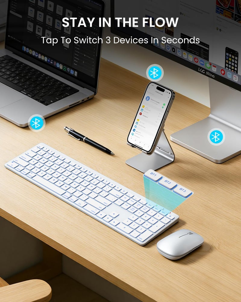 SABLUTE Bluetooth Keyboard and Mouse for Mac â€” 7-Color Backlit, Multi-Device, Rechargeable, Full-Size Wireless Keyboard Mouse Combo with Quiet Scissor-Switch Keys & Tilt Legs for Mac (Silver White) - Image 3