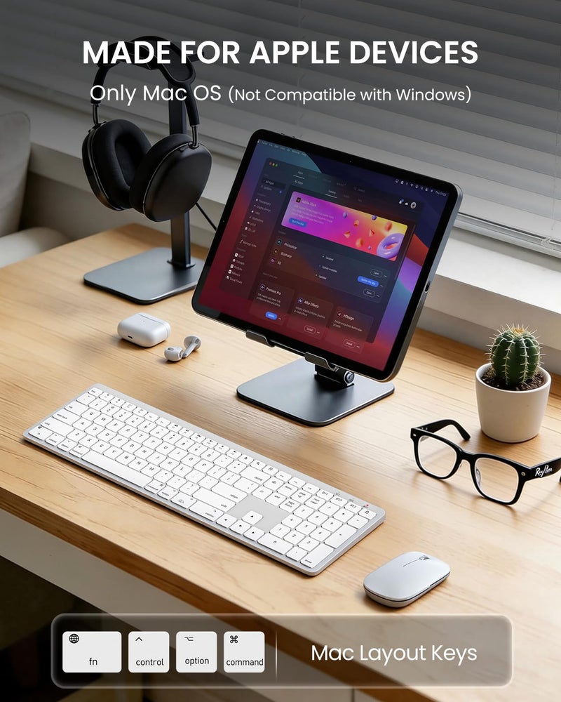 SABLUTE Bluetooth Keyboard and Mouse for Mac â€” 7-Color Backlit, Multi-Device, Rechargeable, Full-Size Wireless Keyboard Mouse Combo with Quiet Scissor-Switch Keys & Tilt Legs for Mac (Silver White) - Image 2