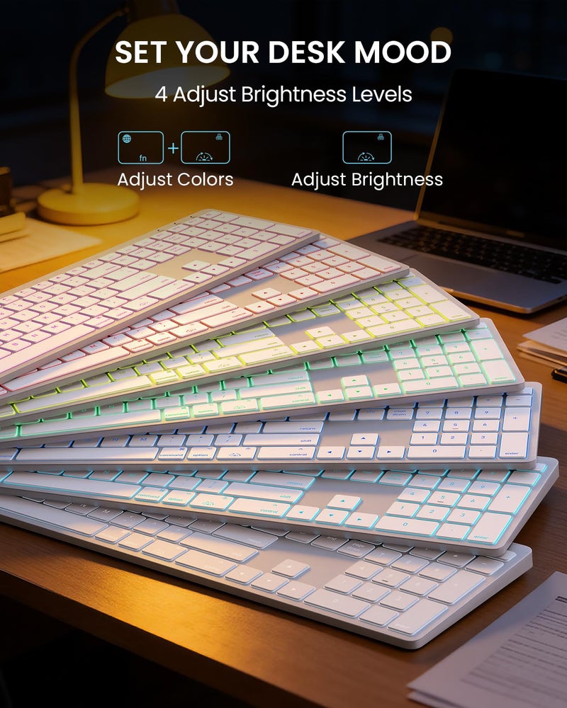 SABLUTE Bluetooth Keyboard and Mouse for Mac â€” 7-Color Backlit, Multi-Device, Rechargeable, Full-Size Wireless Keyboard Mouse Combo with Quiet Scissor-Switch Keys & Tilt Legs for Mac (Silver White) - Image 4