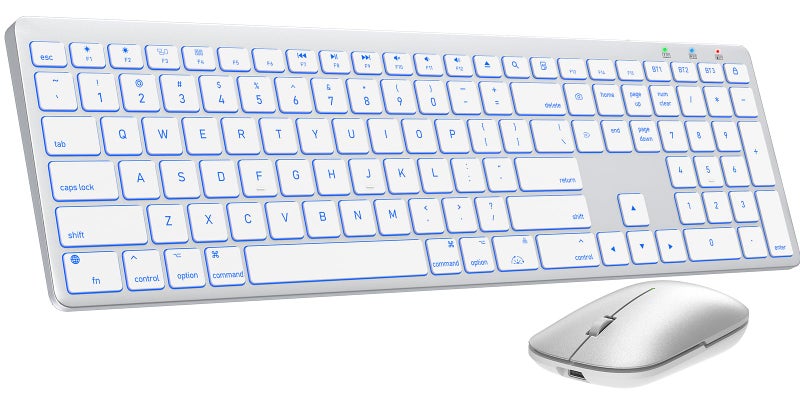 SABLUTE Bluetooth Keyboard and Mouse for Mac â€” 7-Color Backlit, Multi-Device, Rechargeable, Full-Size Wireless Keyboard Mouse Combo with Quiet Scissor-Switch Keys & Tilt Legs for Mac (Silver White) - Image 1