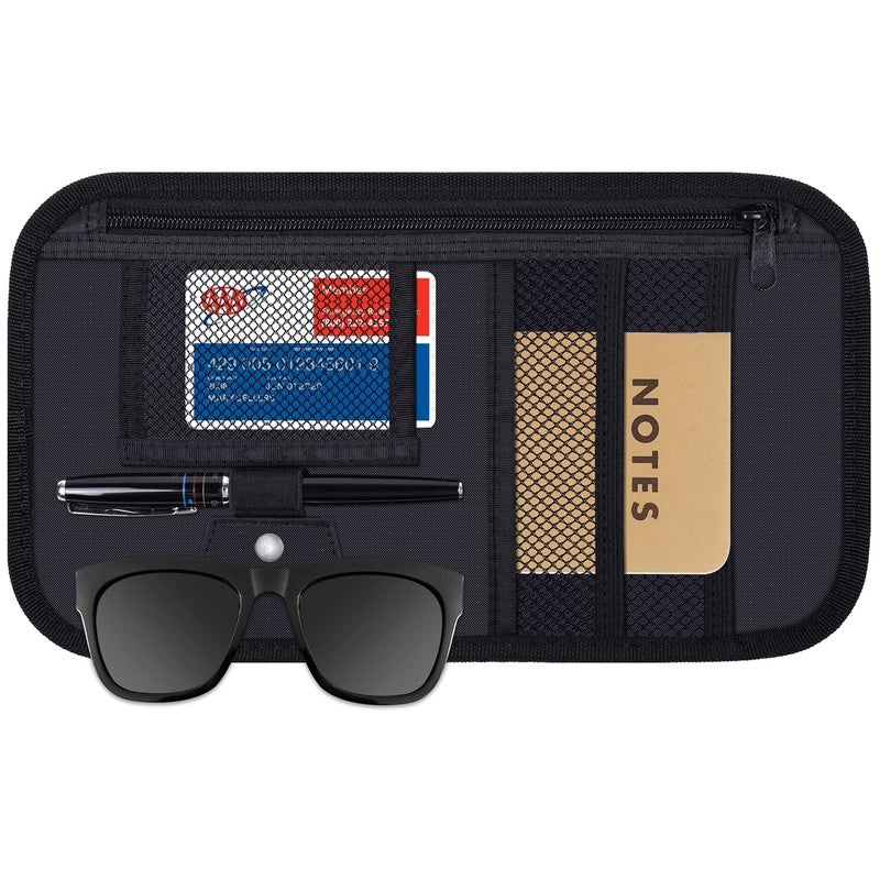 Wisdompro Car Sun Visor Organizer, Wisdompro Vehicle Interior Accessories Storage Pouch Auto Registration Holder with Elastic Strap for Sunglass, Documents, Cards, Pen, Drivers License, etc. (Black) - Image 1