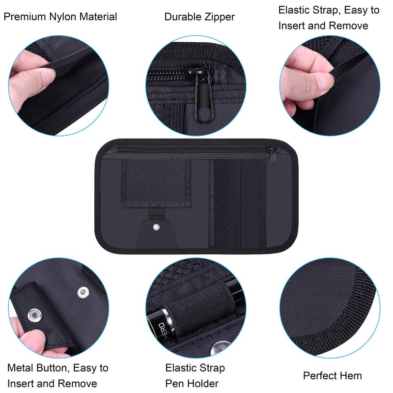 Wisdompro Car Sun Visor Organizer, Wisdompro Vehicle Interior Accessories Storage Pouch Auto Registration Holder with Elastic Strap for Sunglass, Documents, Cards, Pen, Drivers License, etc. (Black) - Image 4