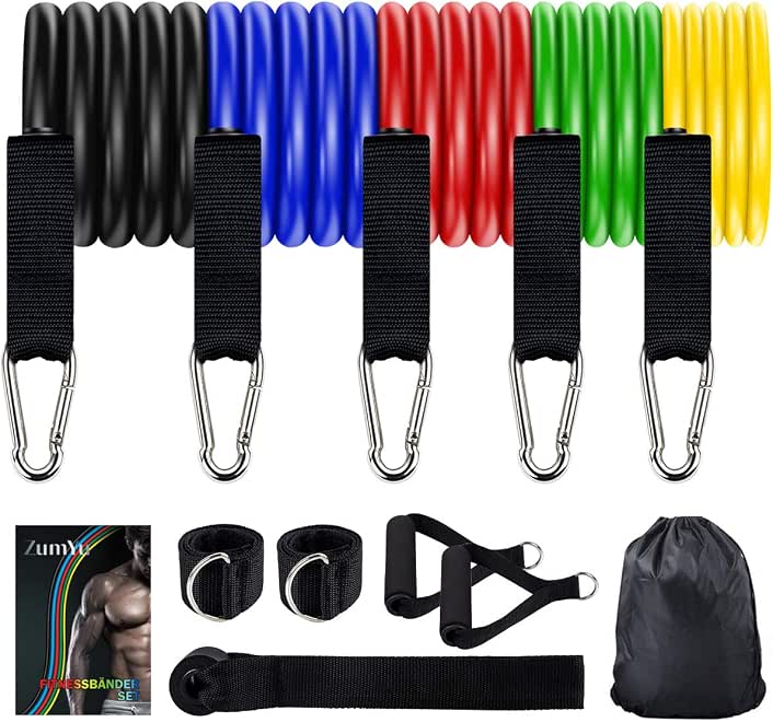 19pcs Resistance Bands Set Workout Bands with 5 Stackable Exercise Bands 5 Resistance Loop Bands, Door Anchor, Ankle Straps,Jump Rope, Carry Bag, Exercise Towel