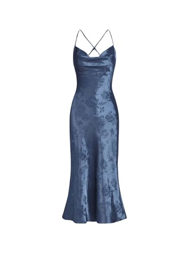 Floerns Women's Spaghetti Strap Cowl Neck Long Slip Satin Silk Midi Dress Blue Floral M - Image 3