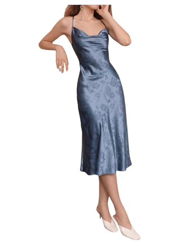 Floerns Women's Spaghetti Strap Cowl Neck Long Slip Satin Silk Midi Dress Blue Floral M - Image 4
