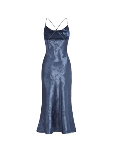 Floerns Women's Spaghetti Strap Cowl Neck Long Slip Satin Silk Midi Dress Blue Floral M - Image 2