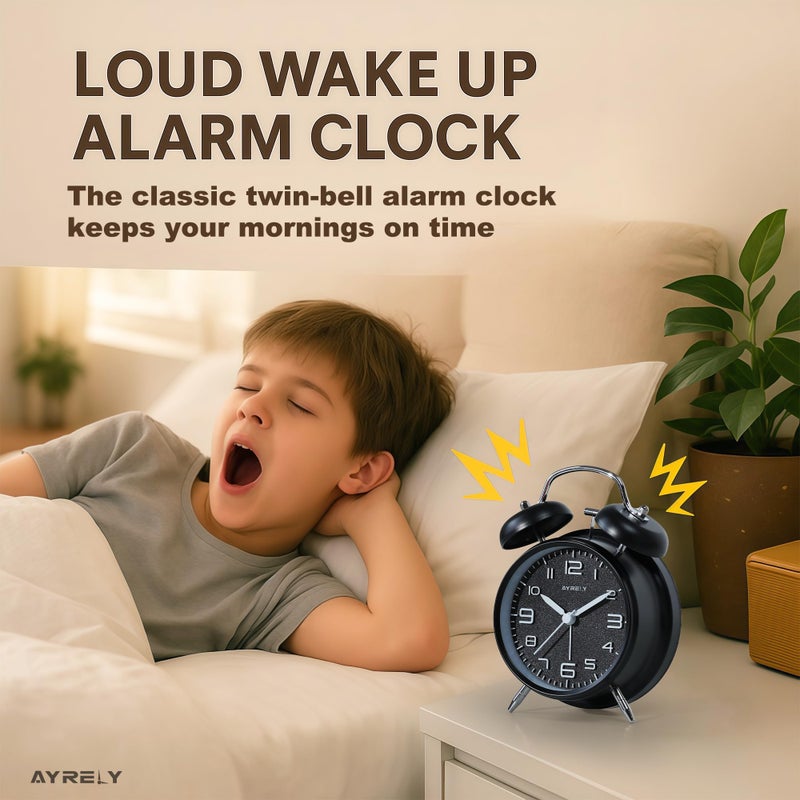 Ayrely Super Loud Alarm Clock For Heavy Sleepers Adults Twin Bell Retro 4 Inch Silent Non-Ticking Quartz With Backlight  Metal Dial  Alarm Clocks For Bedrooms Bedside (Black) - Image 3