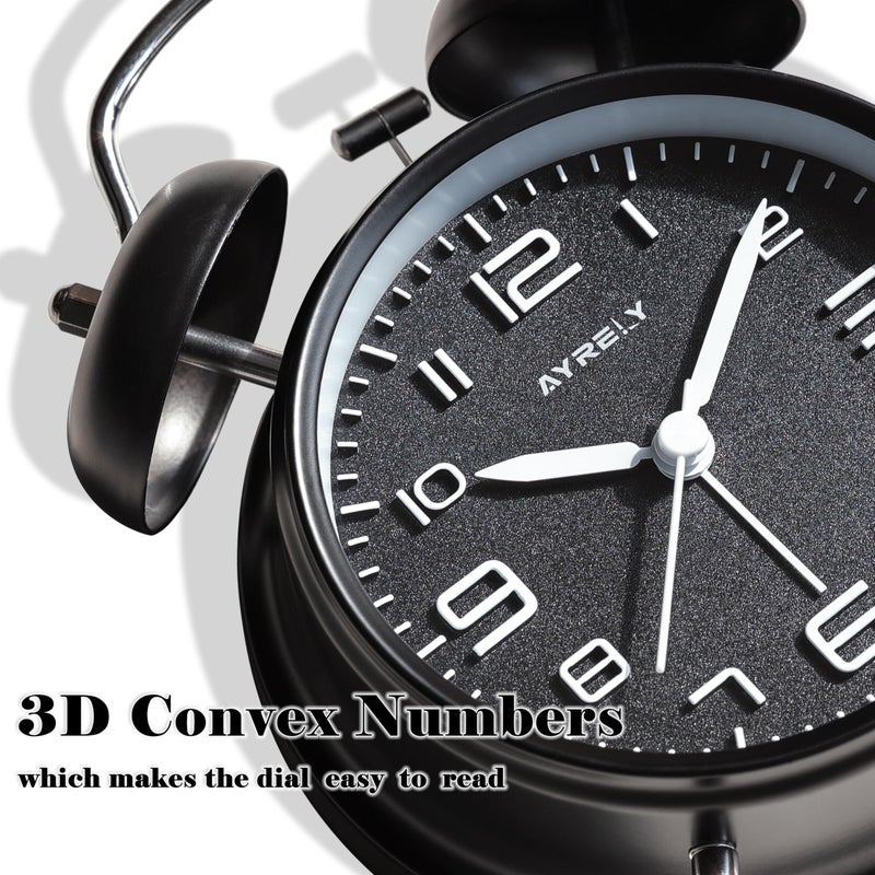 Ayrely Super Loud Alarm Clock For Heavy Sleepers Adults Twin Bell Retro 4 Inch Silent Non-Ticking Quartz With Backlight  Metal Dial  Alarm Clocks For Bedrooms Bedside (Black) - Image 4