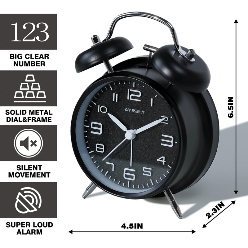 Ayrely Super Loud Alarm Clock For Heavy Sleepers Adults Twin Bell Retro 4 Inch Silent Non-Ticking Quartz With Backlight  Metal Dial  Alarm Clocks For Bedrooms Bedside (Black) - Image 2