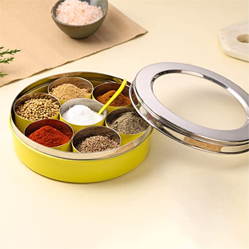 anantam homes Stainless Steel Masala Dabba masaladani Spice Box Organizer for Kitchen Masala Dani with See Through Lid with 7 Containers and a Small Spoon - Yellow - Image 1