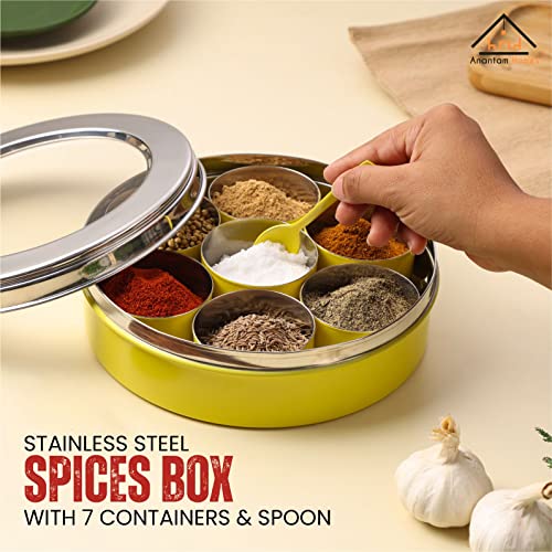 anantam homes Stainless Steel Masala Dabba masaladani Spice Box Organizer for Kitchen Masala Dani with See Through Lid with 7 Containers and a Small Spoon - Yellow - Image 5