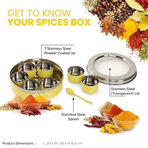 anantam homes Stainless Steel Masala Dabba masaladani Spice Box Organizer for Kitchen Masala Dani with See Through Lid with 7 Containers and a Small Spoon - Yellow - Image 4